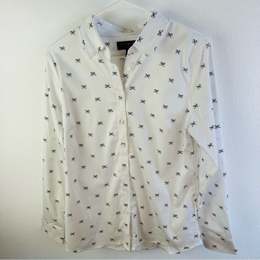 Banana Republic Factory White Black Bow Button Front Long Sleeve‎ Shirt Size 10